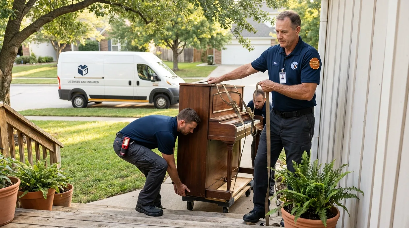 Licensed piano movers securing grand piano in Helper, UT